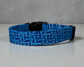 Blue Bone and paws Dog collar: handmade, Washable fabric, adjustable side release, webbing core, customizable hardware, funny dog collar