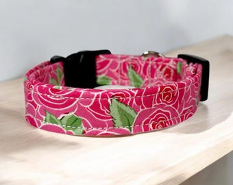 Rose dog collar, handmade fabric dog collar, side release adjustable dog collar, fabric dog collars, washable dog collar, gifts for dogs