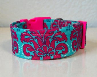 Handmade Filagree and floral dog collar: Washable fabric, adjustable side release, webbing core, customizable hardware, wide dog collar