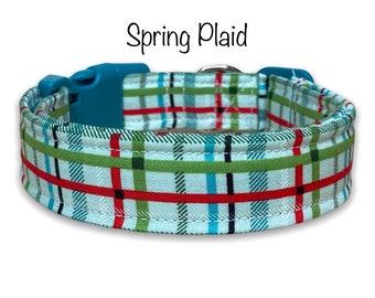 Spring plaid dog collar, fabric dog collar, boy dog collar, plaid, cat collar, adjustable, washable collar, teal, green, red, mint green