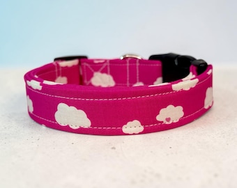Clouds on Pink handmade dog collar, adjustable side release, washable cotton fabric, webbing core, customizable hardware color