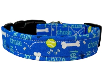 Handmade Dog Collar in Blue Printed Cotton, Adjustable Washable Design with Side Release Buckle