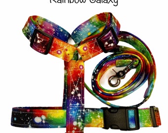 Galaxy dog harness and leash set, dog harness, rainbow galaxy, step in dog harness, standard roman harness, matching leash set, adjustable