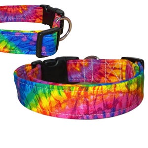 Tie dye handmade dog collar, adjustable side release, washable cotton fabric, webbing core, customizable hardware color
