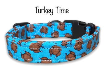 Turkey Dog Collar, Blue Cotton Print with Adjustable Side Release