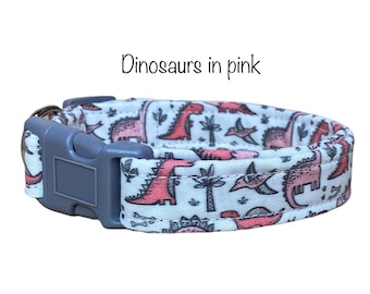 Pink Dinosaur dog collar, funny dog collar, washable, eco friendly, adjustable, side release, fabric collar, dog collar girl, pink, white