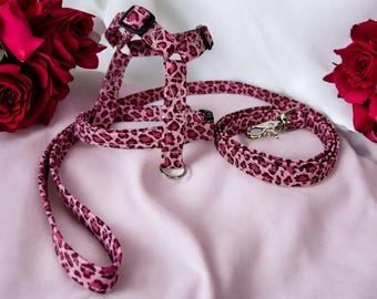 Cheetah dog harness, dog harness and matching leash, dog halter, plaid dog halter, step in harness, standard roman dog harness, handmade