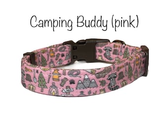 Camping dog collar, dog collar, funny dog collar, camper, eco friendly collar, washable, adjustable dog collar, pink, happy camper collar