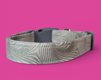 Gray with Glitter Handmade dog collar: Washable fabric, adjustable side release, webbing core, customizable hardware, Wide dog collar