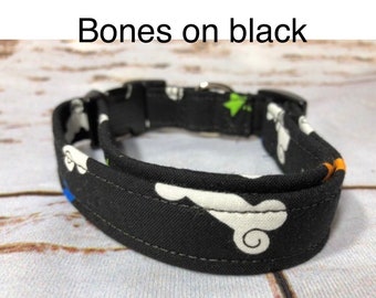 Bones on black, standard adjustable dog collar,  or martingale collar