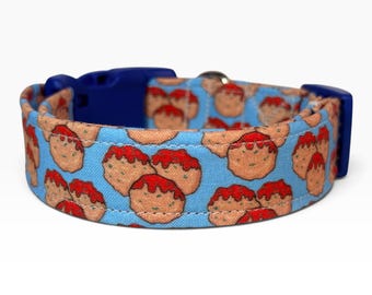 Meatball Funny Food handmade dog collar, adjustable side release, washable cotton fabric, webbing core, customizable hardware color
