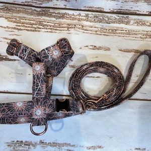 Geometric Print Dog Harness and Leash Set: Rose Gold Hardware, Funny Handmade Dog Collar
