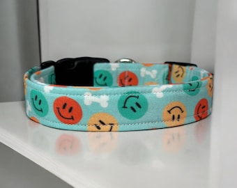 Smiley face and bone dog collar, handmade side release collar, girl dog collar, boy dog collar, custom collar, washable adjustable collar
