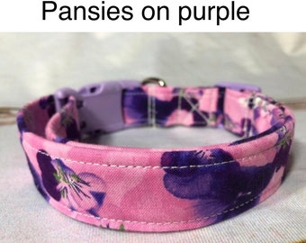 Pansies on purple dog collar, adjustable collar, washable collar, eco friendly, floral dog collar, fabric dog collar, girl dog, purple