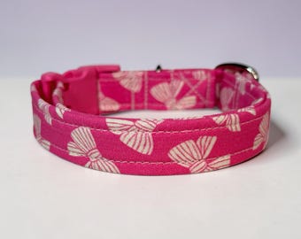 Pink Bow handmade dog collar, adjustable side release, washable cotton fabric, webbing core, customizable hardware color, girly dog collar