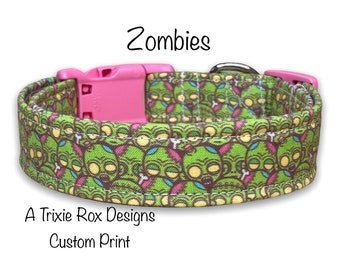 Zombie dog collar, funny dog collar, tiny zombie, adjustable, washable, side release, eco friendly, fabric collar, cat collar, green, pink