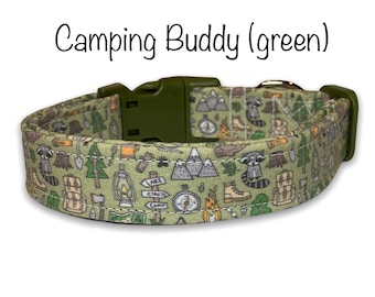 Camping dog collar, dog collar, funny dog collar, camper, eco friendly collar, washable, adjustable dog collar, green, happy camper collar