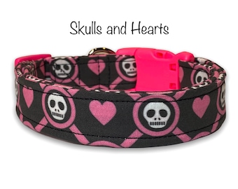 Skull dog collar, funny dog collar, skulls and hearts, eco friendly collar, washable, adjustable, wide dog collar, girly skulls, pink, black