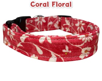 Dog collar, Floral dog collar, coral dog collar, side release collar, adjustable collar, washable collar, fabric collar, soft, coral, floral