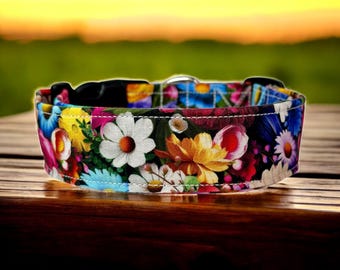 Vibrant floral dog collar, handmade fabric dog collar, side release adjustable dog collar, funny dog collars, washable, gifts for dogs
