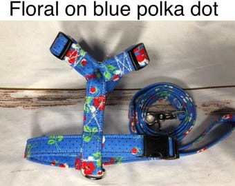 Blue Floral Harness and Leash Set, Cotton and Nylon Step-In or Roman Styles