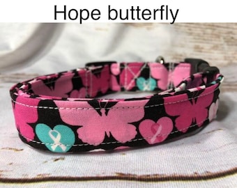 Cancer ribbon dog collar, hope butterfly, cancer awareness, side release collar, adjustable collar, fabric dog collar, washable collar