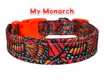 Monarch dog collar, butterfly dog collar, orange, black, white, washable dog collar, adjustable collar, side release collar, dog collar girl