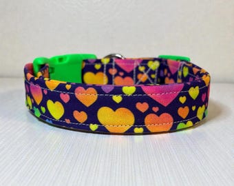 Rainbow 90s retro Heart Print handmade Dog Collar: adjustable side release,  Washable cotton Fabric, webbing core, customizable hardware
