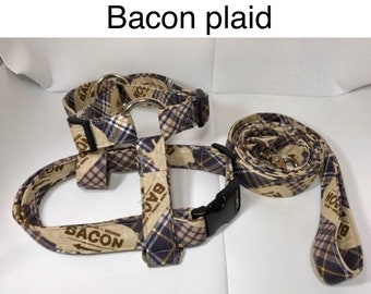 Dog harness, Harness and leash, step in harness, standard harness, dog harness set, dog harness bacon, bacon plaid, bacon, plaid, pig, brown