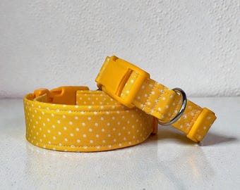 Yellow Polka Dot Handmade dog collar: Washable fabric, adjustable side release, webbing core, customizable hardware, wide dog collar