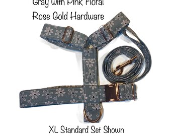 Gray and rose gold dog harness and leash set, standard Roman harness, step in harness, gray dog harness, adjustable dog harness, rose gold