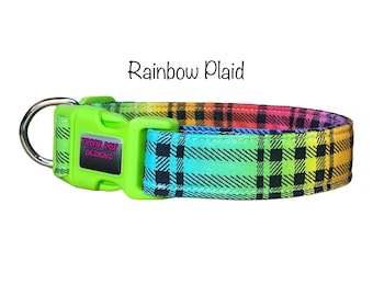 rainbow plaid dog collar, adjustable collar, washable collar, side release collar, fabric dog collar, rainbow, plaid dog collar, dog collar