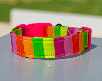 Neon Striped Dog collar: handmade collar, Washable fabric, adjustable side release, webbing core, customizable hardware, funny dog collar