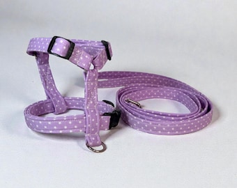 Purple polka dot Dog Harness and Leash Set: Adjustable Step-In or Roman Harness, matching leash optional, washable fabric, webbing core