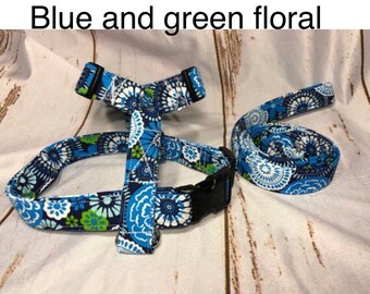Dog harness, Harness and leash, step in harness, standard harness, dog harness set, floral harness, adjustable, floral, blue, green, flowers