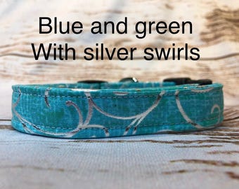 Blue and green with silver swirls standard adjustable dog collar or martingale collar