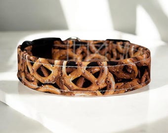 Pretzel Dog Collar: Handmade Cotton Fabric, Adjustable Side Release, funny dog collar, side release, washable, adjustable 