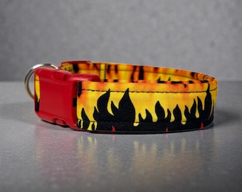 Flames Handmade Funny dog collar: Washable fabric, adjustable side release, webbing core, customizable hardware, dog collar, wide dog collar