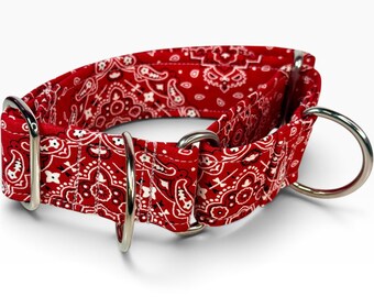 Red Bandana handmade martingale dog collar, washable cotton fabric, adjustable, no buckle, stainless steel hardware, wide