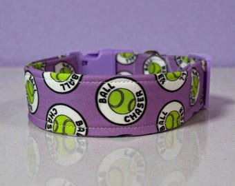 Funny handmade dog collar “Ball Chaser”: Washable fabric, adjustable side release, webbing core, customizable hardware, wide dog collar