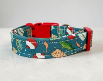 Fishing funny handmade dog collar, adjustable side release, washable cotton fabric, webbing core, customizable hardware color