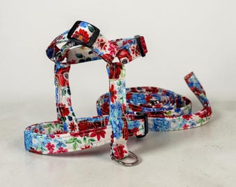Patriotic Floral dot handmade dog harness and leash set, standard roman or step in, matching leash optional, washable fabric, webbing core