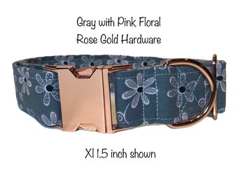 Gray floral dog collar, rose gold hardware, rose gold dog collar, side release dog collar, adjustable dog collar, washable dog collar, gray
