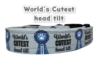 Funny dog collar, dog collar, cutest head tilt collar, blue ribbon collar, side release adjustable collar, washable collar, fabric collar,