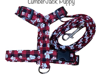 Lumberjack dog harness and leash set, Buffalo check, buffalo plaid, red, black, standard Roman harness, step in harness, adjustable harness