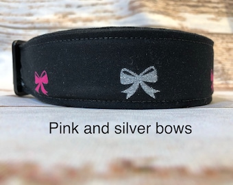 Bow dog collar, black dog collar, pink, silver, girly dog collar, sparkles, adjustable, washable, eco friendly, side release collar, black