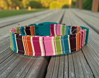 Striped handmade dog collar, adjustable side release, washable cotton fabric, webbing core, customizable hardware color