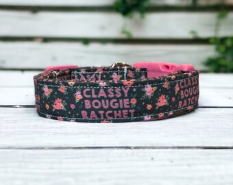 Classy Bougie Ratchet dog collar, funny dog collar, floral dog collar, girl dog collar, washable, adjustable, quick release dog collar