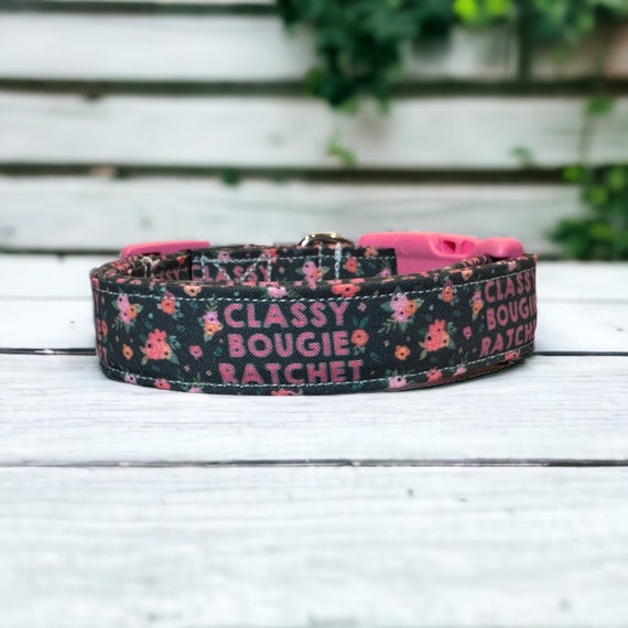 Classy Bougie Ratchet Funny obscene handmade dog collar, adjustable side release, washable fabric, webbing core, customizable hardware