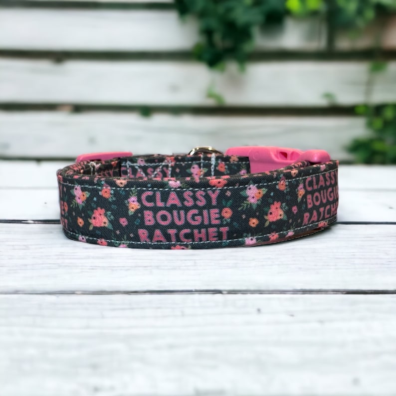 May include: A black dog collar with a pink floral pattern and the text "Classy Bougie Ratchet" in pink.